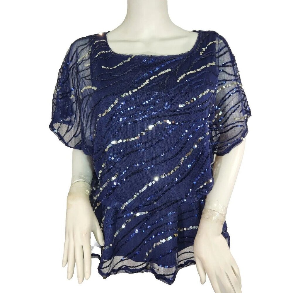 Alex Evenings Women's Sequined Short Sleeve Scoop Neck Blue Top Blouse Size S 12